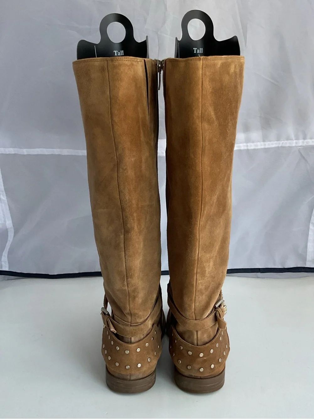 Nine West Luciana Tan Suede Studded Ankle Straps Riding Boots Women’s Size 6.5M